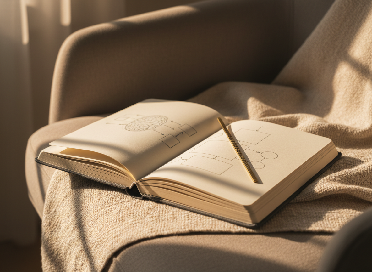 An open hardcover notebook with thick, ivory pages lying on a textured linen throw placed over a soft, neutral-colored armchair. On the notebook page, faint, partially visible diagrams of a brain and simple flow arrows suggest trauma processing and therapeutic steps, without readable text. A slim, metallic bookmark rests diagonally across the page. Warm, late-afternoon sunlight streams in from the left, creating gentle diagonal shadows and a cozy, reflective ambiance. Photographed from a slightly elevated angle in photographic realism with a shallow depth of field, the background dissolves into a soft blur of beige and taupe, emphasizing introspection, structure, and the professional guidance of trauma-focused therapy.