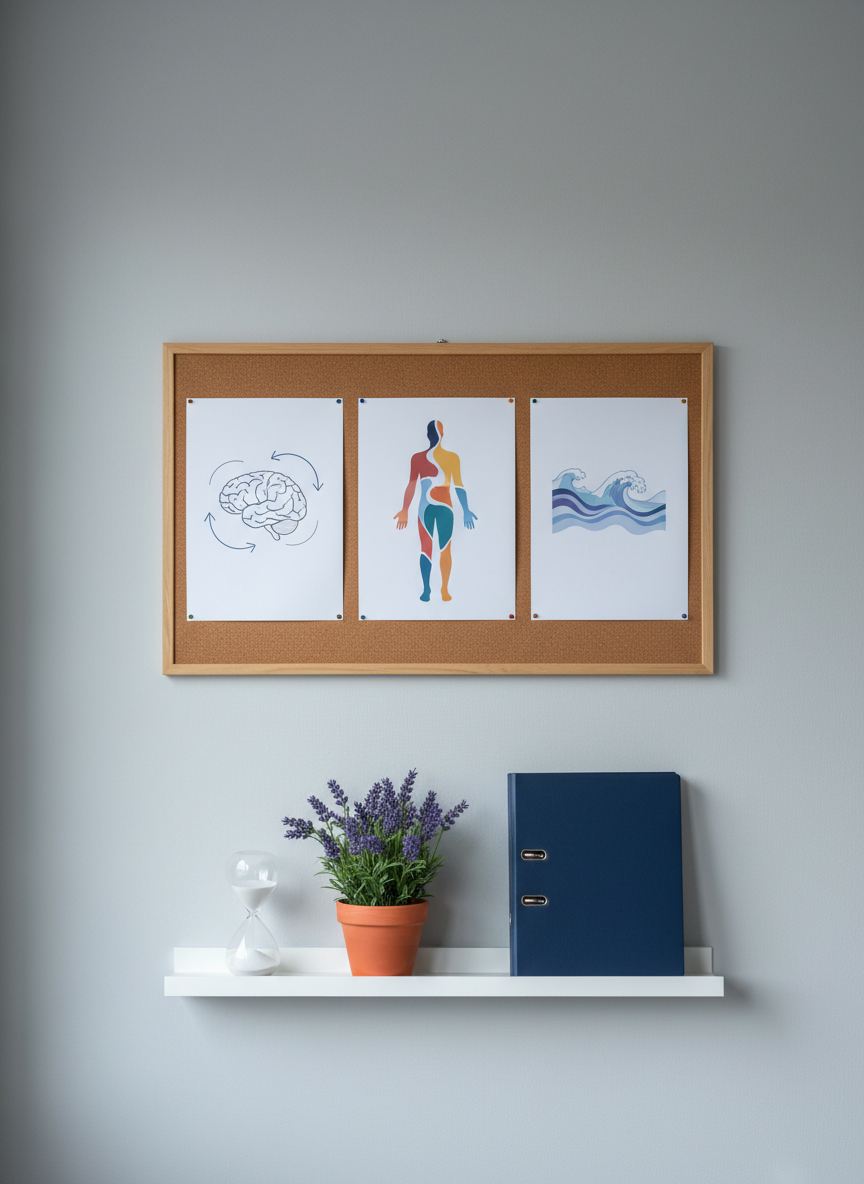 A carefully arranged psychoeducation corner: a cork bulletin board mounted on a light gray wall, pinned with three clean, infographic-style sheets showing simplified brain outlines, body silhouettes, and gentle wave patterns symbolizing trauma responses and regulation, all without any legible text. Below, a slim white shelf holds a small sand timer, a potted lavender plant, and a closed navy-blue binder. Cool natural daylight from a nearby window illuminates the scene evenly, avoiding dramatic contrasts. Photographed straight-on in photographic realism with sharp focus and balanced framing, the mood is informative yet soothing, conveying structured, evidence-based psychotrauma care in a calm, professional environment.