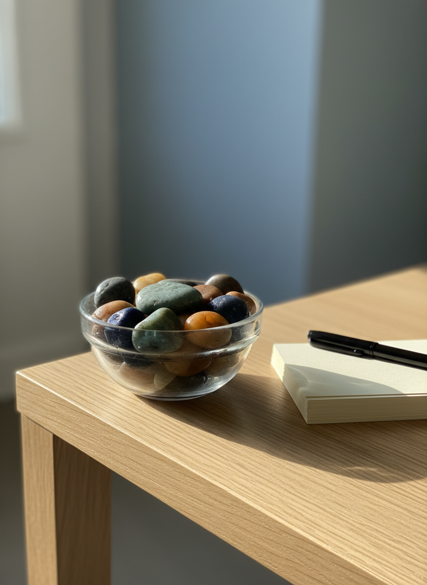 A close-up of a small glass bowl filled with polished, multicolored river stones, each stone smooth and slightly wet-looking, resting on the corner of a light oak desk. Next to the bowl lies a neatly stacked set of cream-colored index cards and a fine-point black pen, symbolizing psychological notes and trauma assessment. Soft, diffused afternoon light from an unseen window creates gentle highlights on the stones and subtle shadows along the desk’s wood grain. Shot with a shallow depth of field and photographic realism, the background fades into a soft blur of muted blues and grays, evoking a thoughtful, professional, and contemplative mood suitable for a trauma-specialized psychologist’s website.