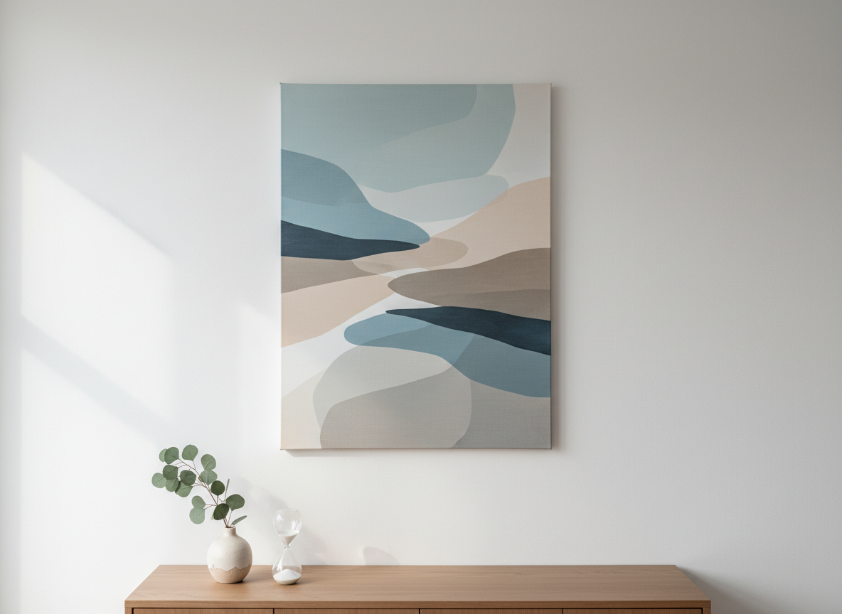 A minimalist wall display in a therapy office, showing a large, abstract painting composed of gentle overlapping shapes in muted blues, soft beiges, and warm grays, evoking emotional layers and healing from trauma without being explicit. The painting hangs on a matte white wall above a sleek, light-wood console table holding a small ceramic vase with a single eucalyptus branch and a sand-colored hourglass. Indirect natural light washes evenly across the scene, reducing harsh contrasts and reinforcing calm. Captured straight-on in photographic realism with sharp focus throughout, the composition is balanced and uncluttered, conveying professionalism, safety, and a focus on psychotrauma care.