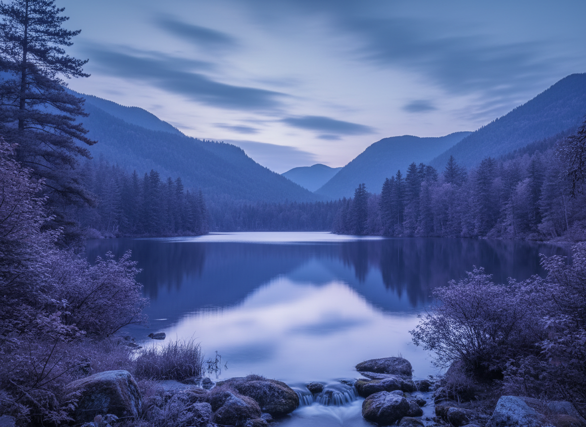 Image de nature apaisante avec un paysage doux (forêt, lac ou montagne) dans des tons bleus et mauves, ambiance calme et lumineuse, style photo réaliste